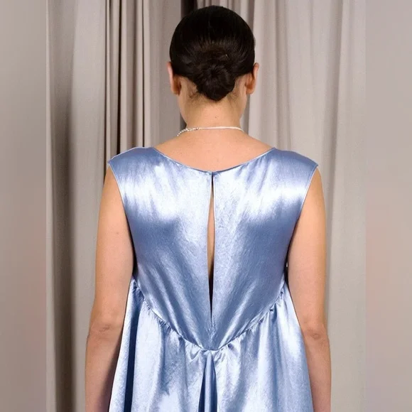 Collina Strada Dara Light Blue Satin Midi Dress Drapey Asymmetric Avant Garde - Picture 9 of 16